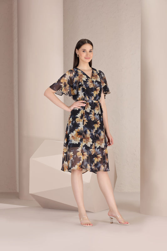 Golden Petal Wrap Dress